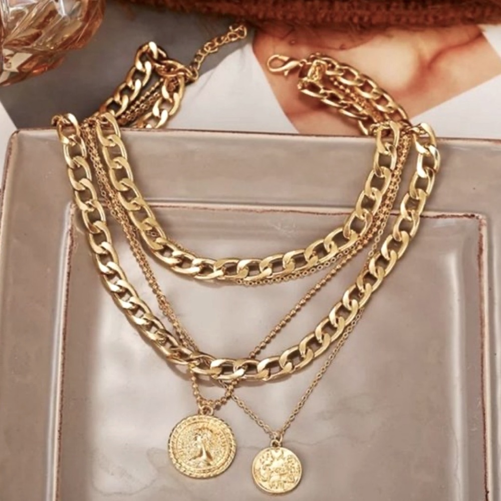 Free People Multi-layer layered Gold cuban Thick Chain Portrait Coin Necklace - Picture 3 of 6
